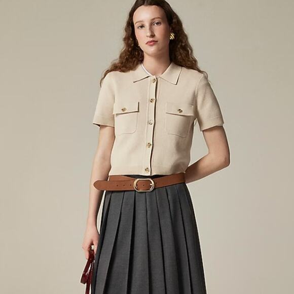 J.Crew Short-Sleeve Pocket Cardigan WMNS M Toasted Cream Button Up Cotton Knit - Picture 1 of 8